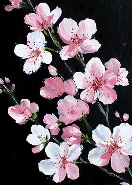 Pink and White Cherry Blossoms on Black