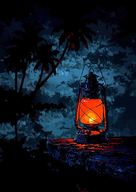 Lantern on a rock at night