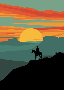 Cowboy on Horse at Sunset