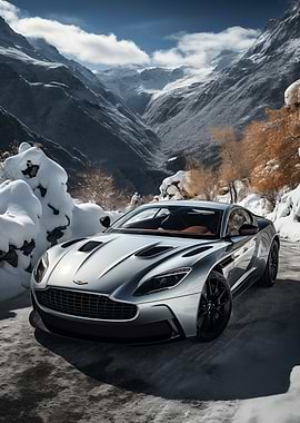 Aston Martin in snowy mountains