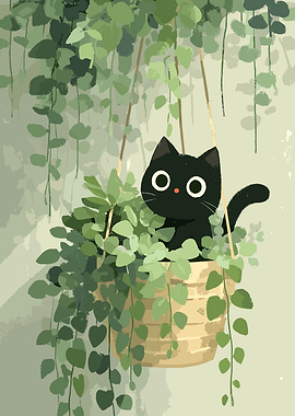 Cute Black Cat in Hanging Plant