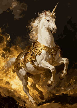 Majestic Unicorn in Golden Armor Amidst Flames