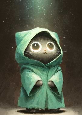 Cute Cat in a Green Robe Under Stars