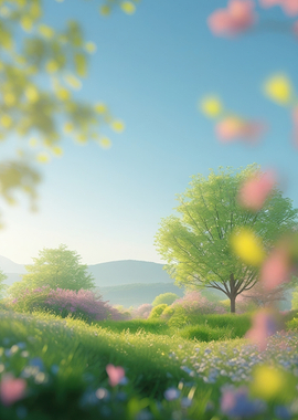 Spring Meadow with Blooming Trees