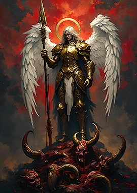 Golden Angel Standing Over Demons