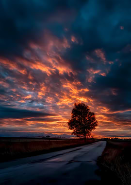 Dramatic Sunset Over Rural Road