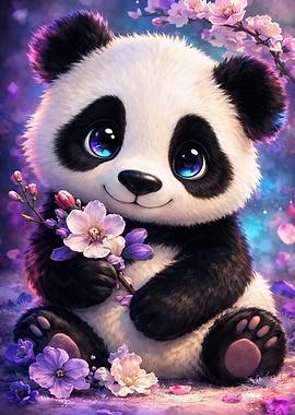 Cute Panda with Flowers