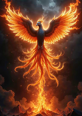 Fantasy Fiery Phoenix Rising from Volcano