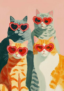 Four Cats Wearing Heart Sunglasses