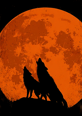 Two Wolves Howling at the Moon