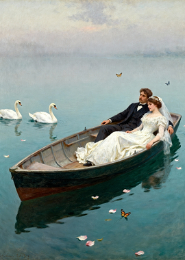 Newlyweds in a rowboat with swans