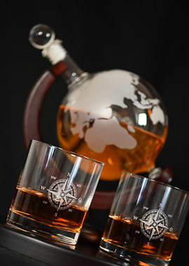 Whiskey Decanter and Glasses with Compass Design
