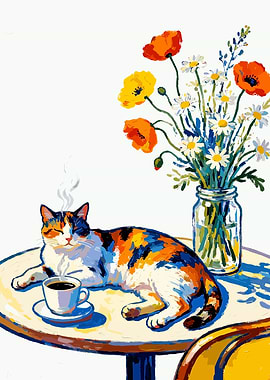 Cat enjoying coffee with flowers