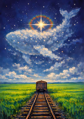 Whale cloud and train in starry sky