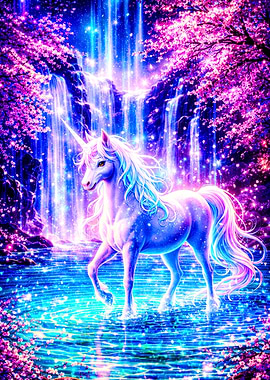 Magical Unicorn by Waterfall