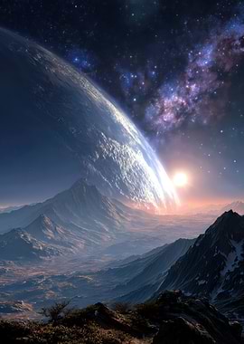 Alien Planet Landscape with Earthrise