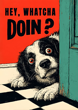 Funny Border Collie Bathroom Poster - Hey Whatcha Doin Dog Art - Retro Peeking Collie Toilet Art