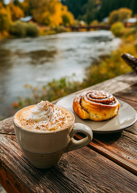 Coffee and Cinnamon Roll by a River