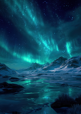 Aurora Borealis Over Snowy Mountains