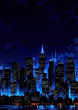 Nighttime City Skyline with Blue Lights