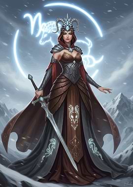Fantasy Warrior Woman with Sword and Zodiac Symbol