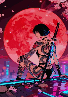 Samurai Girl Under Red Moon