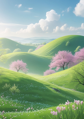 Springtime Rolling Hills with Cherry Blossoms