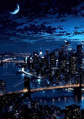 Nighttime Cityscape with Crescent Moon