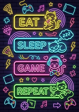 Eat Sleep Game Repeat Neon Cats Gaming