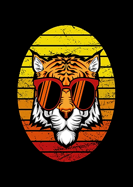 Tiger Wearing Sunglasses Retro Sunset