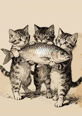 Three kittens holding a large fish