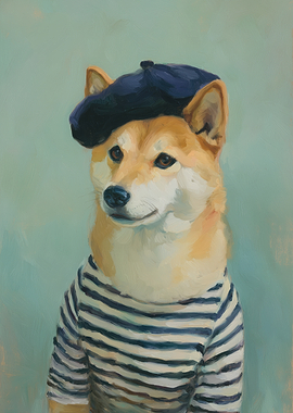 Shiba Inu Dog Wearing Beret and Striped Shirt