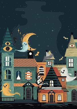 Spooky Halloween Town at Night