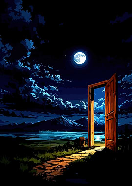 Open Door to a Moonlit Landscape