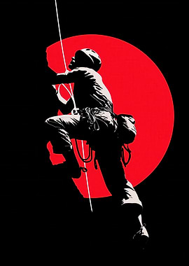 Rock Climber Silhouette Red Sun Wall Art