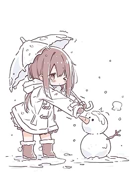 Girl Building a Snowman Under an Umbrella
