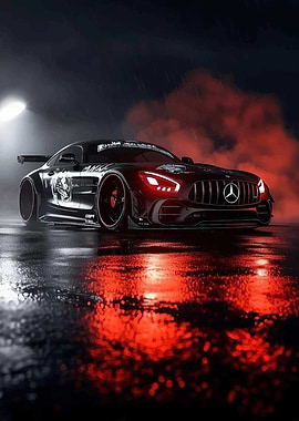 Dark Mercedes AMG GT with Red Smoke