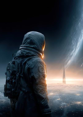 Astronaut Overlooking Alien Cityscape