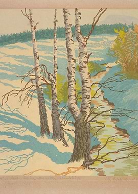 Birch Trees by a Winter Stream