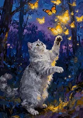 Cat Reaching for Butterflies in Forest