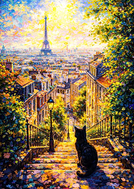 Cat on Paris Steps with Eiffel Tower View