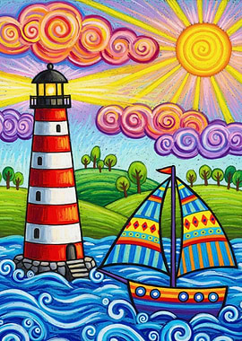 Lighthouse and Sailboat in Sunny Seas