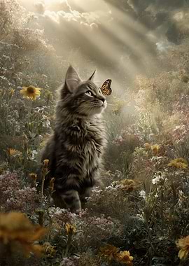 Cat and Butterfly in a Meadow