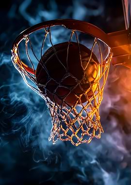 Basketball in Net with Smoke