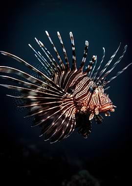 Lionfish swimming in dark water