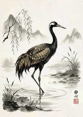 Crane in a serene Japanese landscape