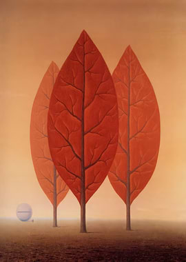 Surreal Autumn Landscape with Red Leaves and Orb