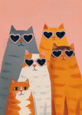 Five Cats Wearing Heart Sunglasses