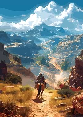 Cowboy riding through a canyon