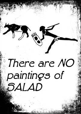 Cave painting of hunter and cow with text